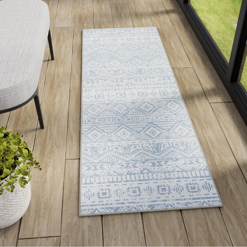 Blue and White Geometric Pattern Rug